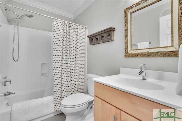 full bathroom featuring vanity, crown molding, toilet, and shower / bathtub combination with curtain