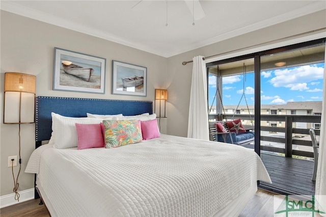 bedroom featuring crown molding, ceiling fan, baseboards, wood finished floors, and access to outside