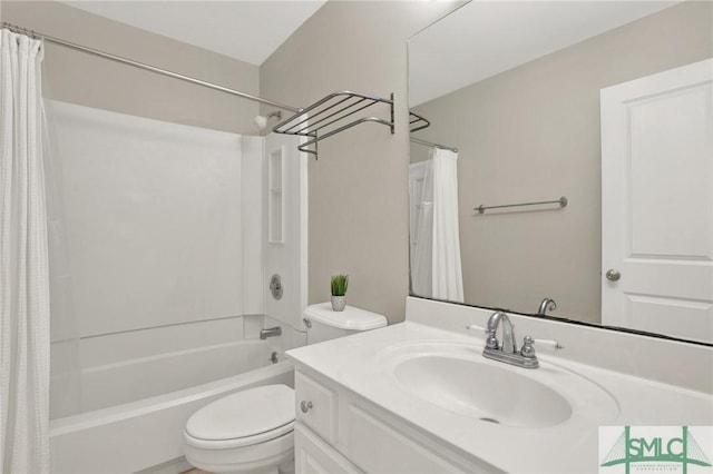 full bath with vanity, toilet, and shower / tub combo with curtain