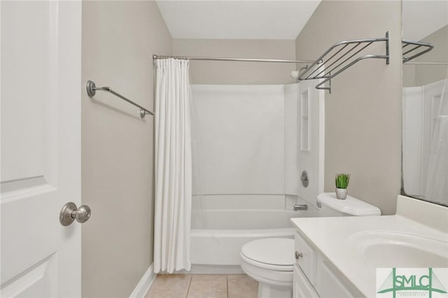 full bath with tile patterned floors, shower / bathtub combination with curtain, toilet, and vanity