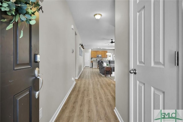 foyer with light wood finished floors, baseboards, and ceiling fan