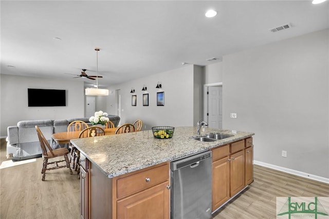 kitchen with visible vents, a center island with sink, a sink, stainless steel dishwasher, and open floor plan