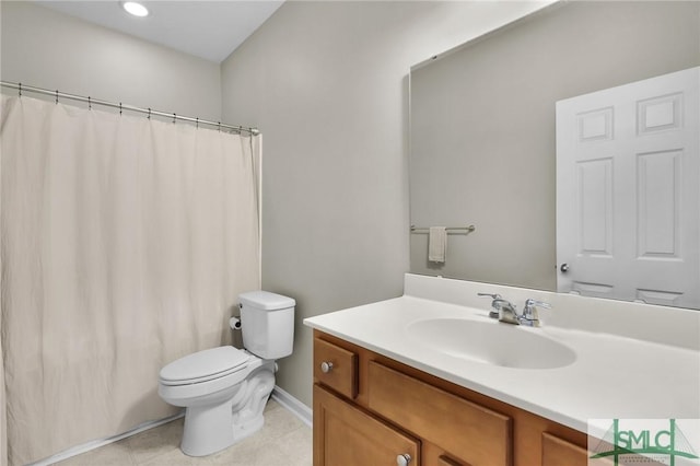 bathroom featuring a shower with shower curtain, toilet, vanity, and tile patterned flooring