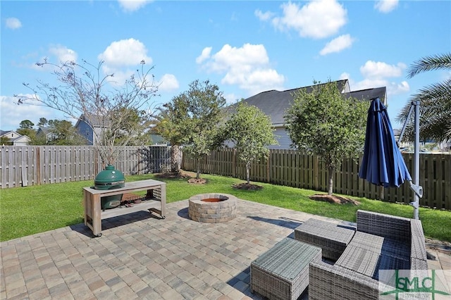 view of patio / terrace with a fire pit and a fenced backyard