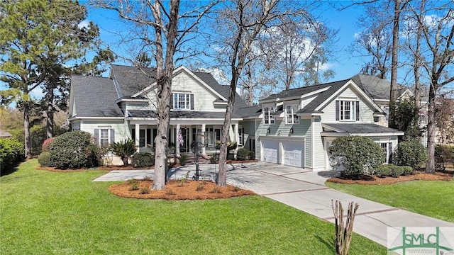 view of front of property with a garage, concrete driveway, and a front lawn