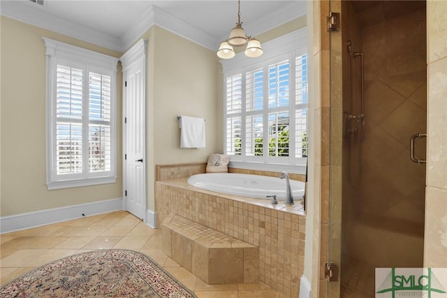 full bathroom with tile patterned floors, a stall shower, ornamental molding, and a bath