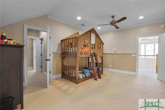 carpeted bedroom with visible vents, baseboards, recessed lighting, vaulted ceiling, and crown molding