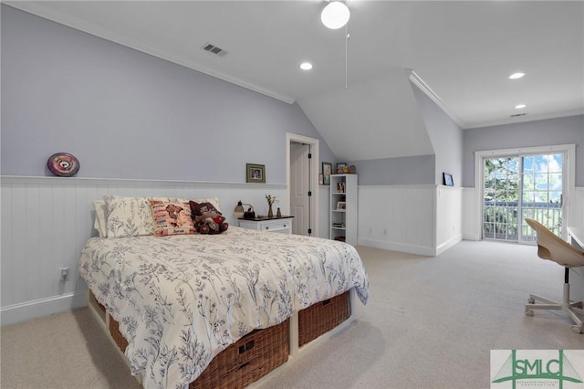 bedroom with recessed lighting, wainscoting, crown molding, access to outside, and light colored carpet