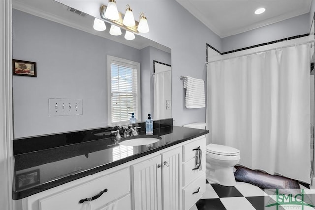 full bathroom with visible vents, toilet, a shower with curtain, tile patterned floors, and vanity