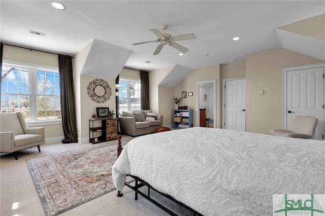 carpeted bedroom with visible vents, a ceiling fan, recessed lighting, baseboards, and vaulted ceiling