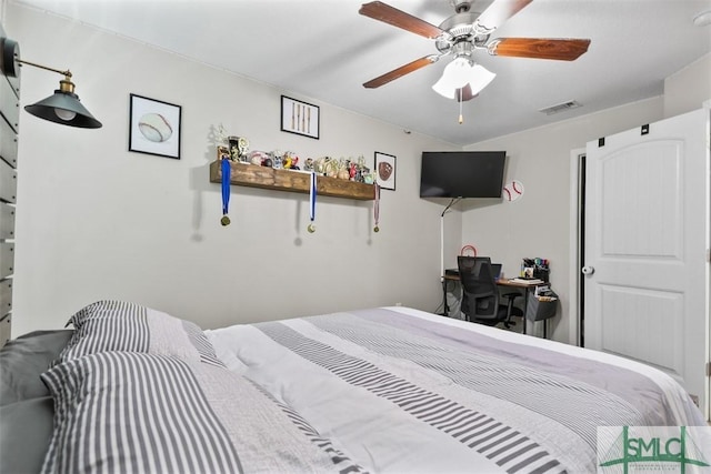 bedroom with visible vents and a ceiling fan