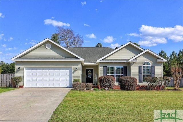 ranch-style home with a garage, driveway, a front yard, and fence