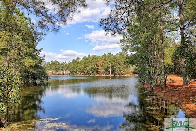 property view of water featuring a forest view