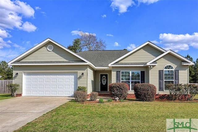 single story home with a shingled roof, a front lawn, fence, concrete driveway, and a garage