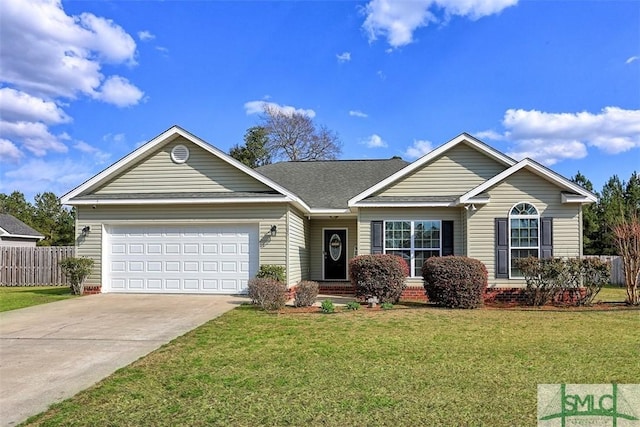 single story home with a front yard, fence, a garage, and driveway