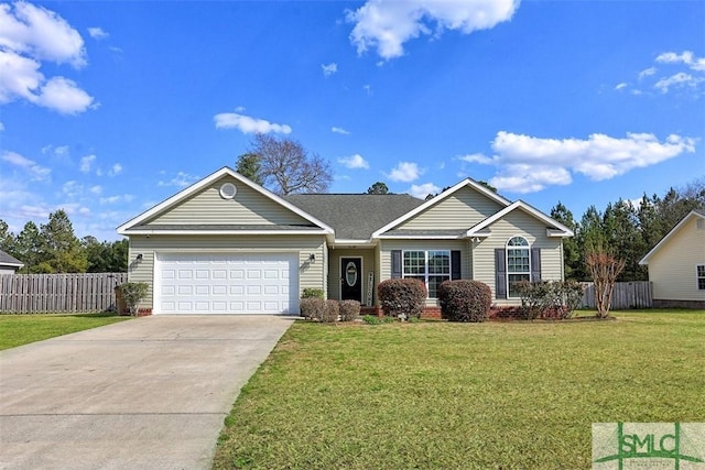 ranch-style home featuring a garage, driveway, a front yard, and fence