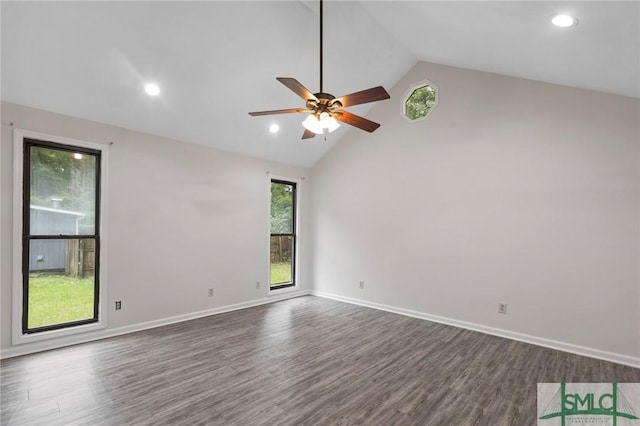 empty room with dark wood-style floors, recessed lighting, baseboards, and ceiling fan