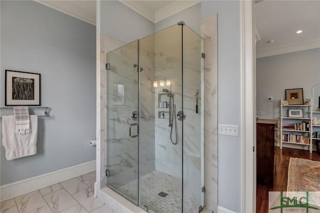 full bath with baseboards, a marble finish shower, recessed lighting, ornamental molding, and marble finish floor