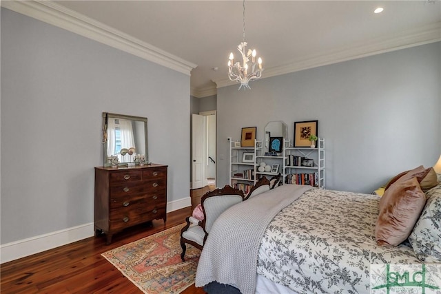 bedroom with baseboards, a notable chandelier, wood finished floors, and ornamental molding