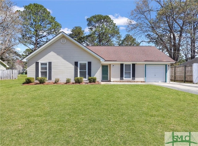 ranch-style home with a front yard, fence, a garage, and driveway