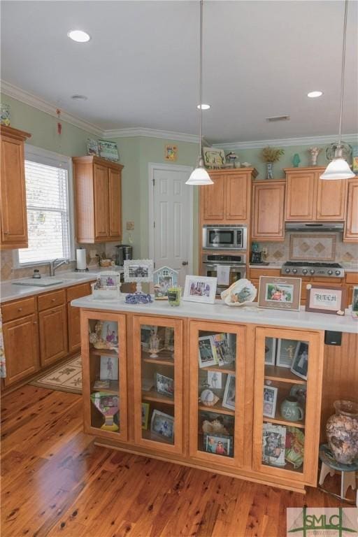 kitchen featuring light wood finished floors, backsplash, appliances with stainless steel finishes, and light countertops