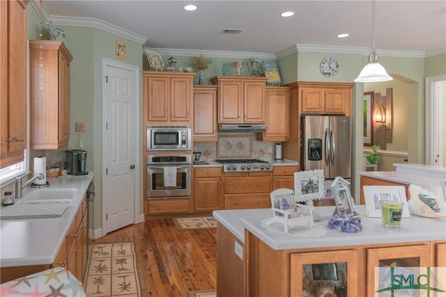 kitchen featuring a sink, light countertops, under cabinet range hood, appliances with stainless steel finishes, and light wood-type flooring