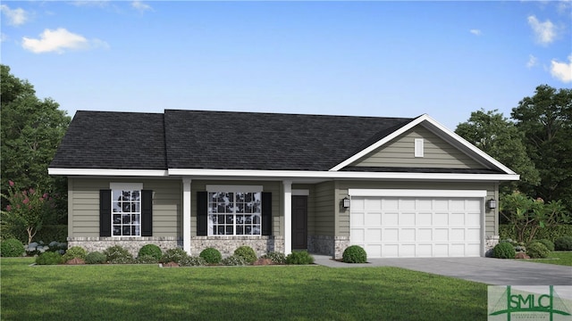 ranch-style house with driveway, a front lawn, stone siding, roof with shingles, and a garage