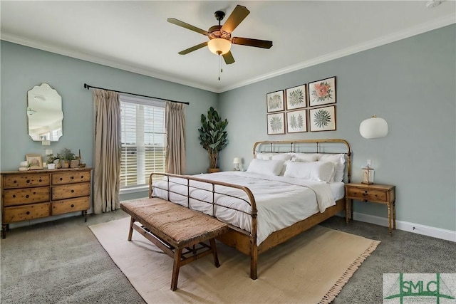 bedroom featuring carpet flooring, ceiling fan, crown molding, and baseboards