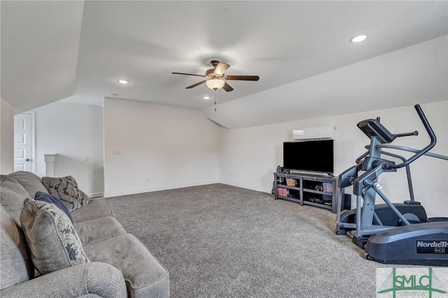 exercise room with lofted ceiling, baseboards, carpet, and a ceiling fan