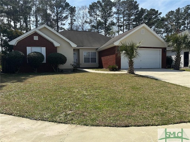 single story home featuring concrete driveway, an attached garage, brick siding, and a front yard