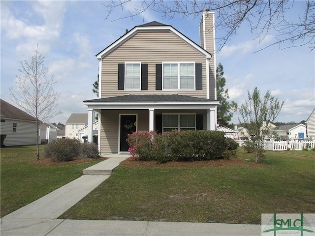 traditional-style home with covered porch, a front yard, fence, and a chimney