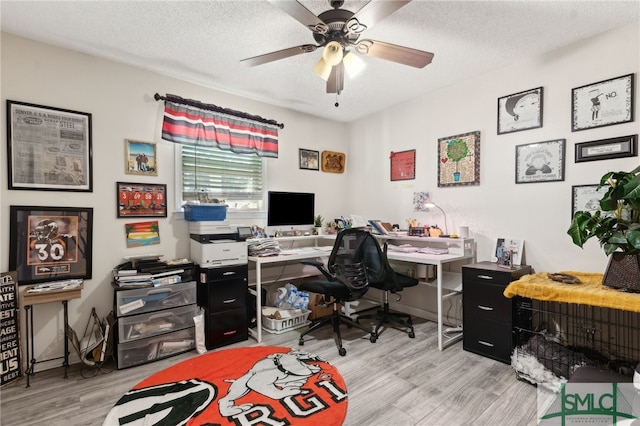 home office with light wood finished floors, a textured ceiling, and ceiling fan