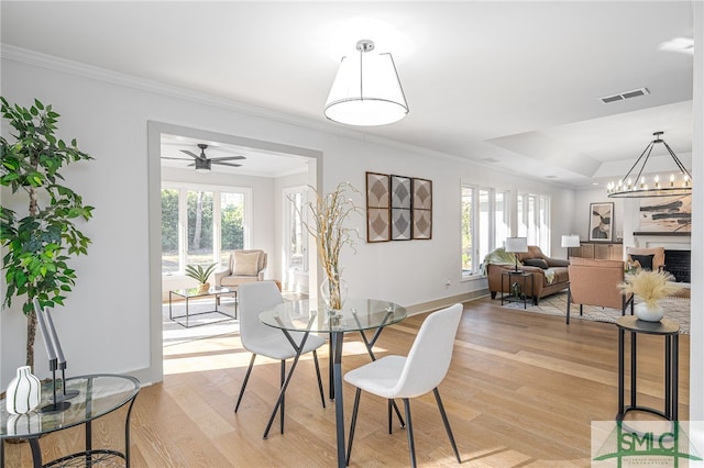 dining area with light wood finished floors, visible vents, and plenty of natural light