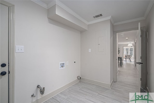 clothes washing area with visible vents, hookup for an electric dryer, washer hookup, crown molding, and hookup for a gas dryer