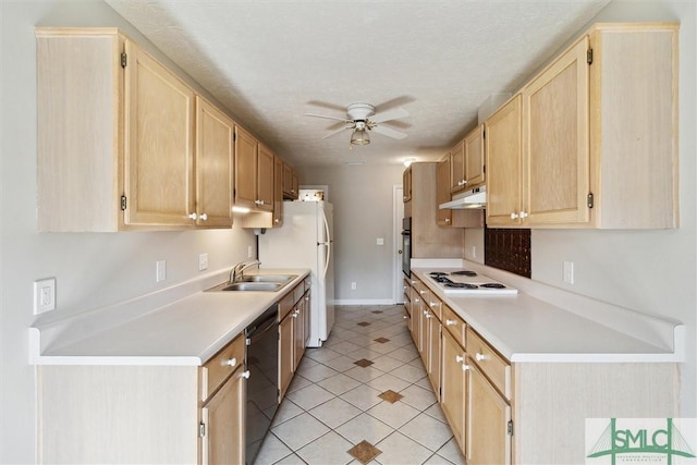 kitchen featuring under cabinet range hood, black appliances, ceiling fan, and light brown cabinetry