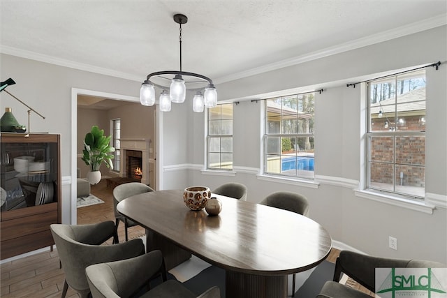 dining area featuring crown molding, wood finished floors, baseboards, and a lit fireplace