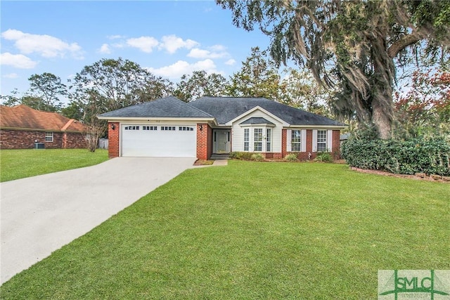 ranch-style house featuring brick siding, an attached garage, concrete driveway, and a front lawn