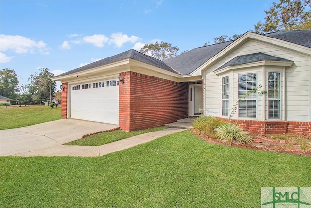 ranch-style home featuring brick siding, a front lawn, concrete driveway, and a garage