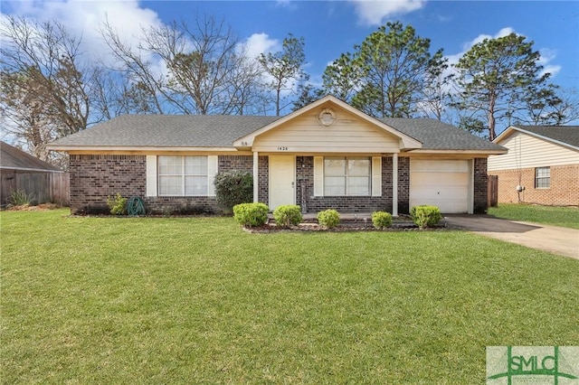 ranch-style house with a garage, a front yard, brick siding, and driveway