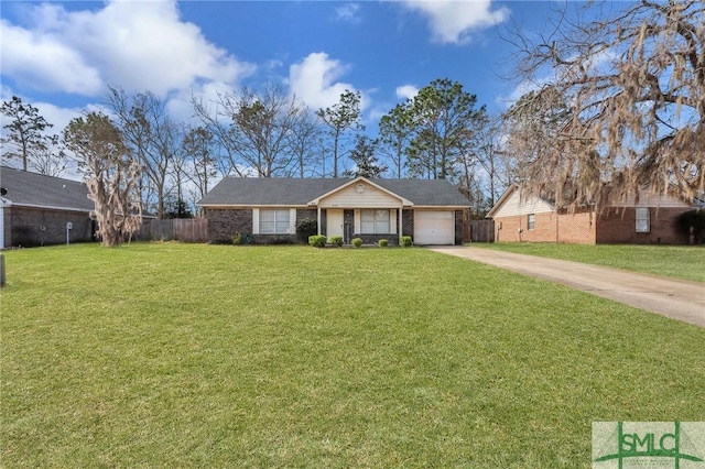 ranch-style home with a front lawn, fence, a garage, and driveway