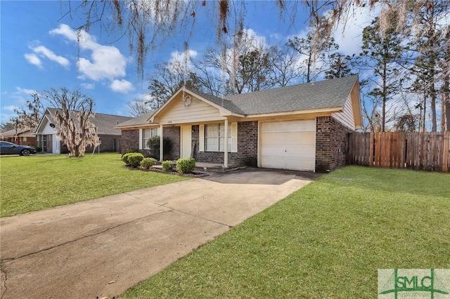 view of front facade featuring brick siding, a front lawn, fence, concrete driveway, and a garage