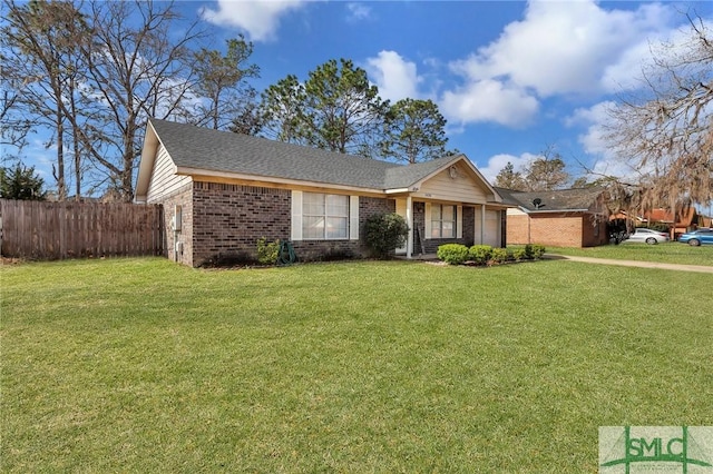 single story home with a front lawn, fence, and brick siding