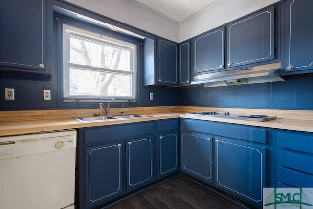 kitchen with dark wood-style flooring, white dishwasher, a sink, under cabinet range hood, and blue cabinets