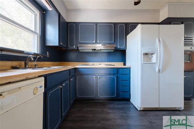 kitchen with a sink, under cabinet range hood, blue cabinetry, white appliances, and dark wood-style flooring