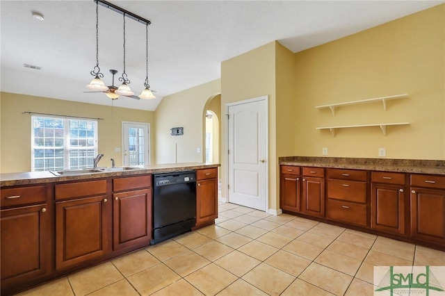 kitchen with visible vents, open shelves, arched walkways, a sink, and black dishwasher