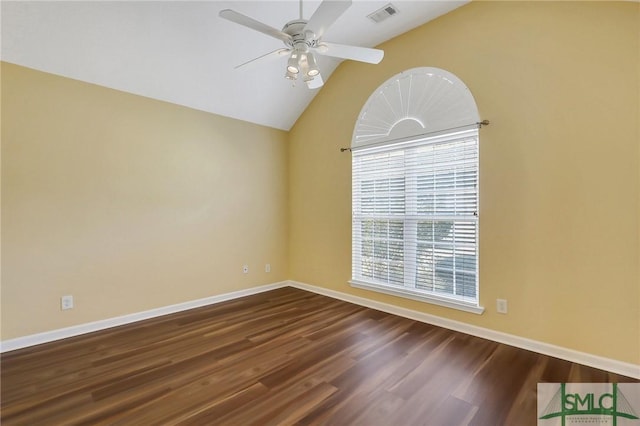 unfurnished room featuring visible vents, baseboards, dark wood-type flooring, and ceiling fan