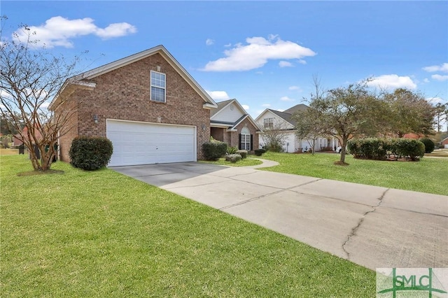 traditional-style house featuring brick siding, an attached garage, concrete driveway, and a front yard