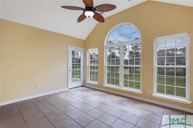 unfurnished sunroom with lofted ceiling and a ceiling fan