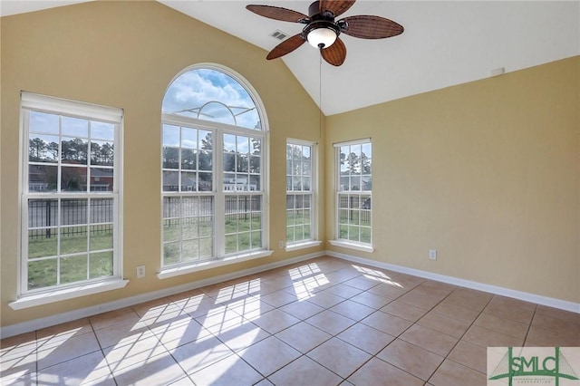 unfurnished sunroom featuring lofted ceiling, visible vents, and ceiling fan