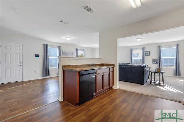 kitchen featuring open floor plan, visible vents, dark wood finished floors, and black dishwasher